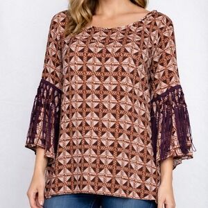 Ali Miles Womens Tunic Top 1X Geometric Lightweight Neutral Brown Indie Fringed